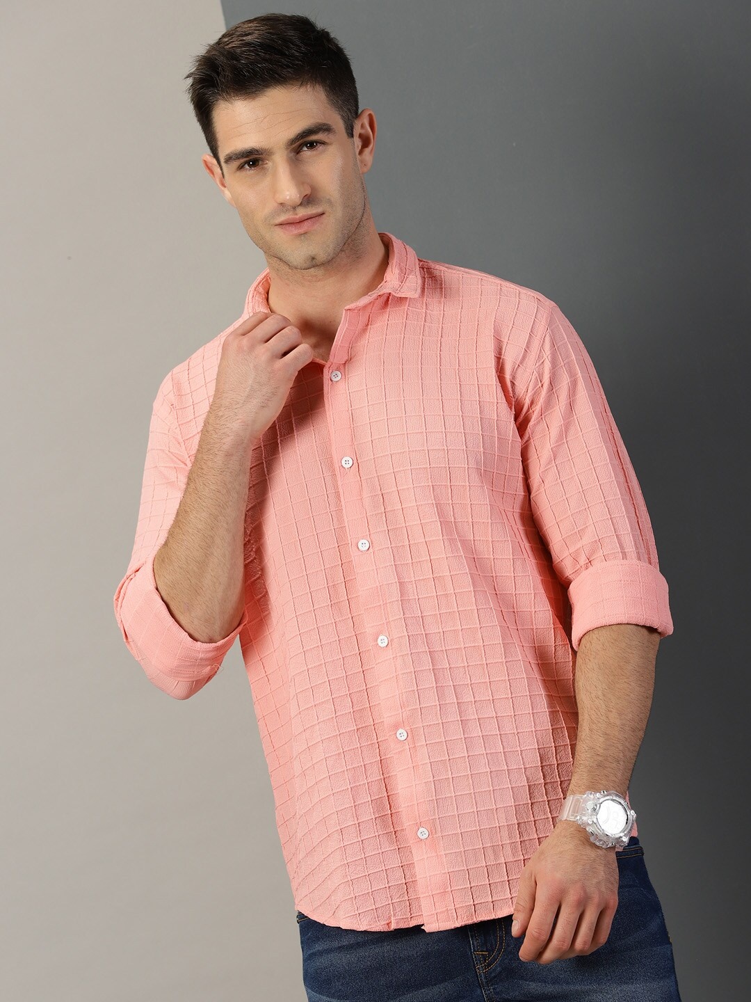 

Rodzen Self Design Classic Regular Fit Cotton Casual Shirt, Pink