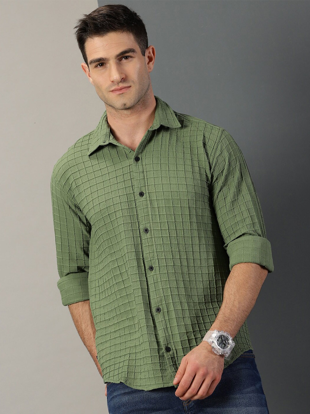 

Rodzen Classic Checked Spread Collar Shirt, Green