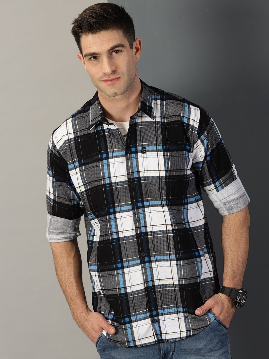 

Rodzen Classic Tartan Checks Cotton Casual Shirt, Blue