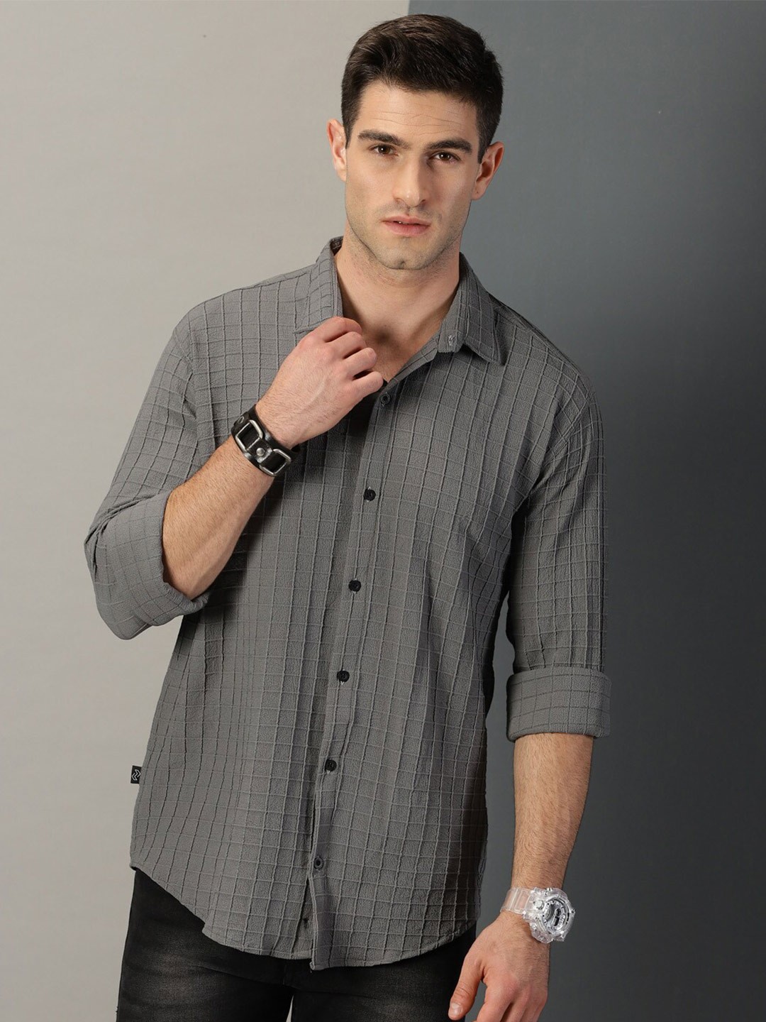 

Rodzen Classic Self Design Cotton Casual Shirt, Grey