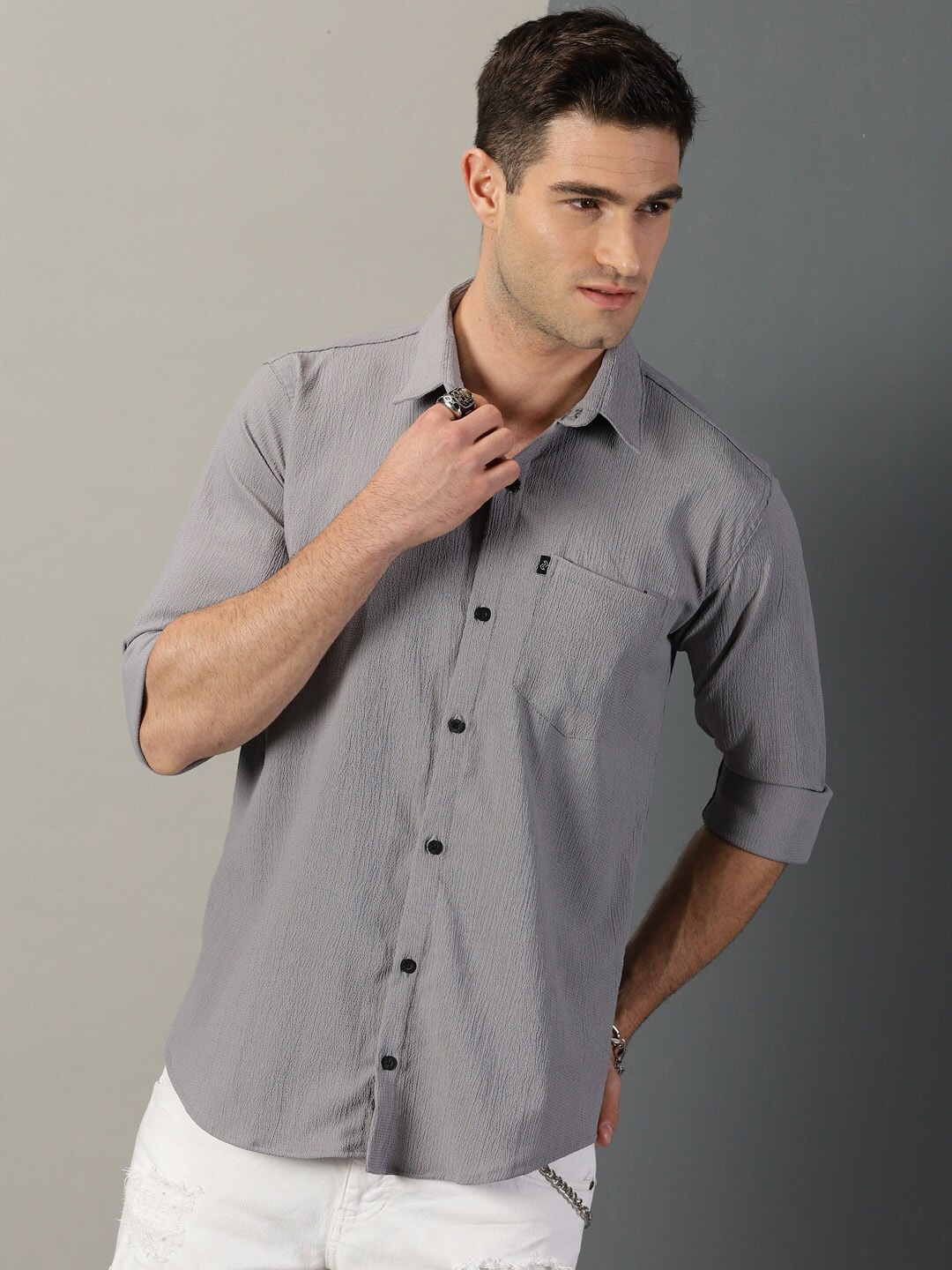 

Rodzen Self Design Classic Regular Fit Cotton Casual Shirt, Grey