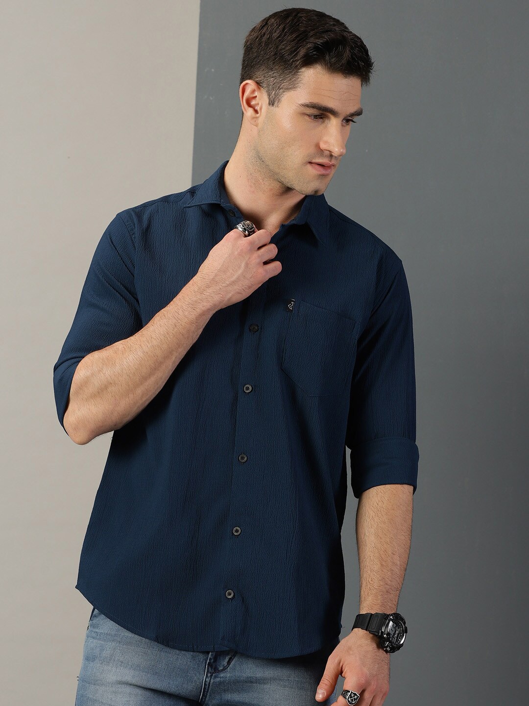 

Rodzen Classic Textured Casual Cotton Shirt, Navy blue