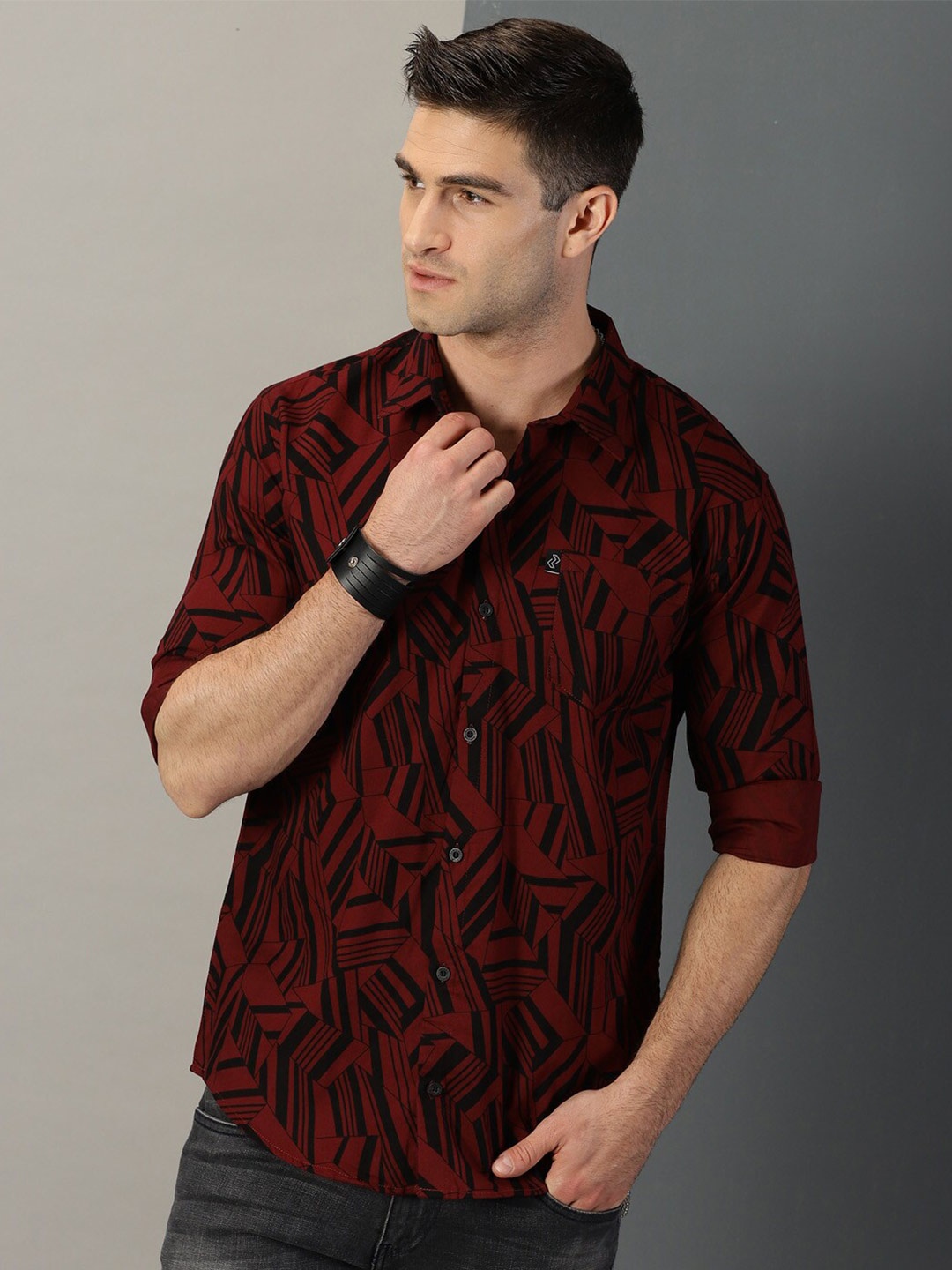 

Rodzen Classic Abstract Printed Cotton Casual Shirt, Maroon
