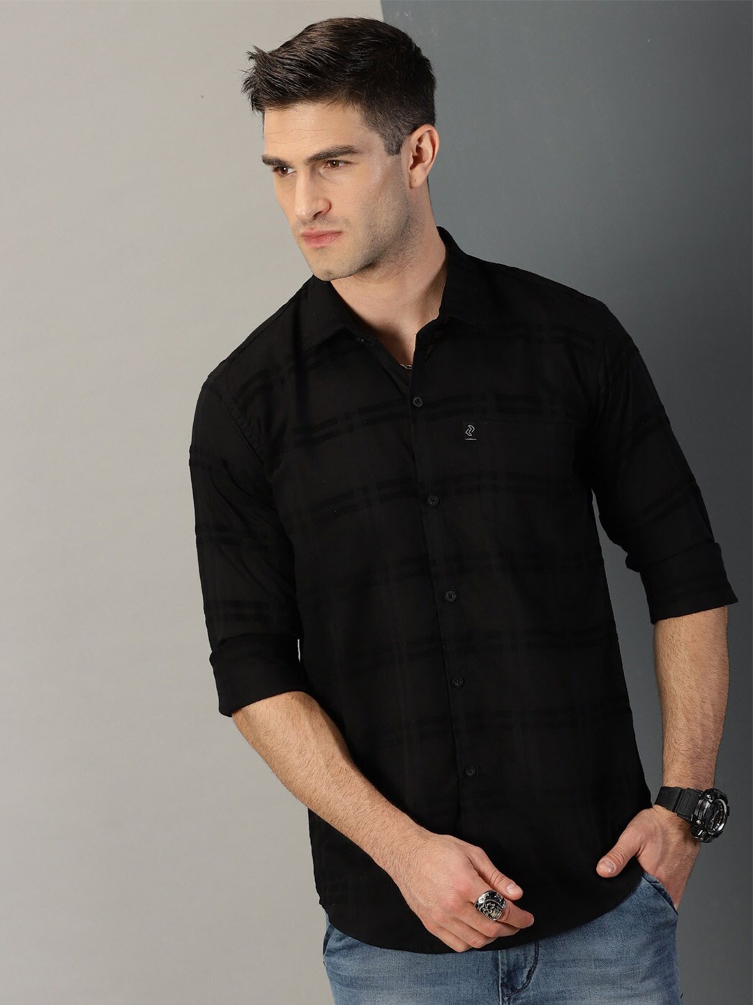 

Rodzen Checked Classic Regular Fit Cotton Casual Shirt, Black
