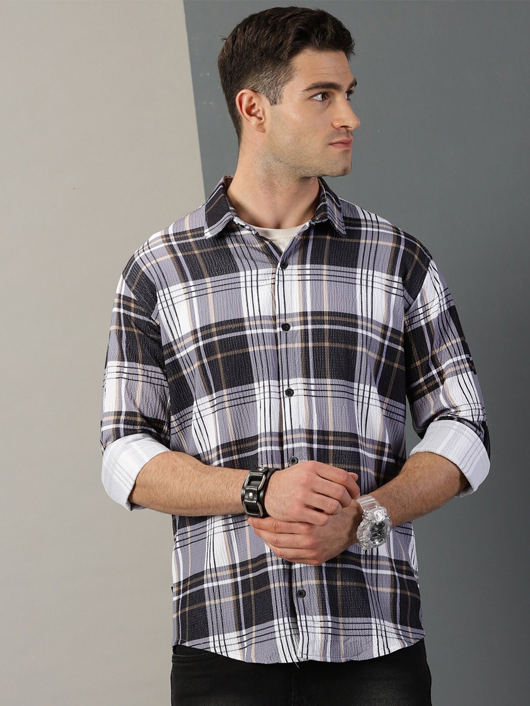

Rodzen Classic Tartan Checked Cotton Casual Shirt, White