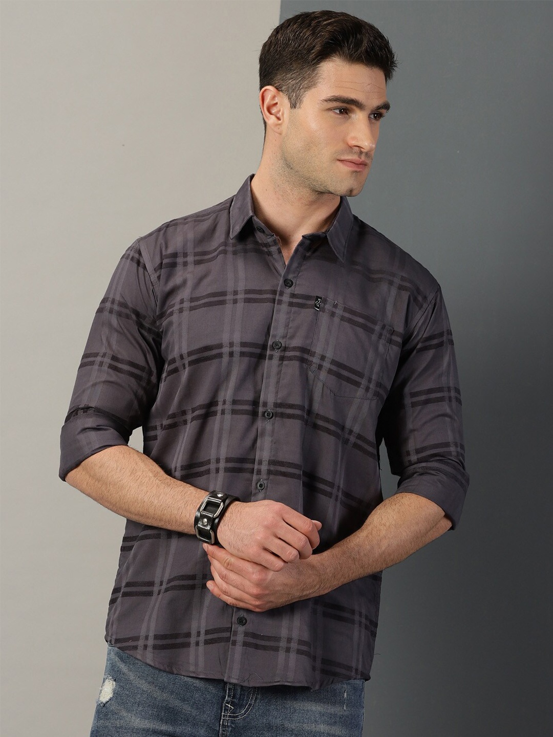 

Rodzen Classic Tartan Checks Cotton Casual Shirt, Grey