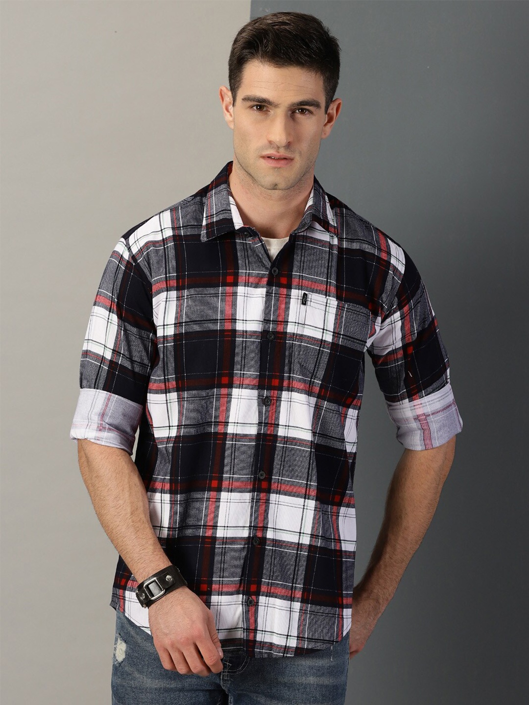 

Rodzen Classic Tartan Checked Cotton Casual Shirt, Black