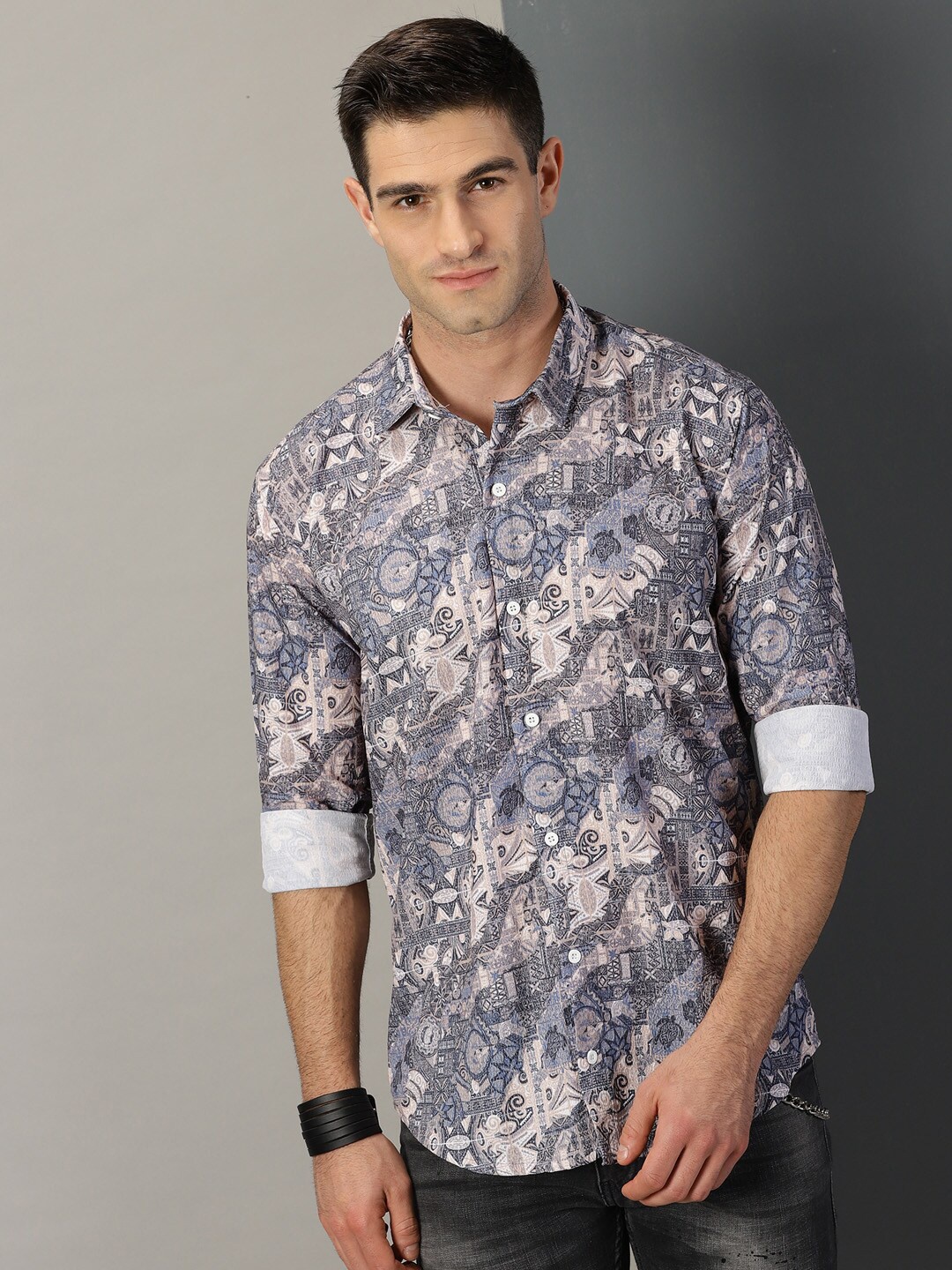

Rodzen Classic Abstract Printed Cotton Casual Shirt, Grey