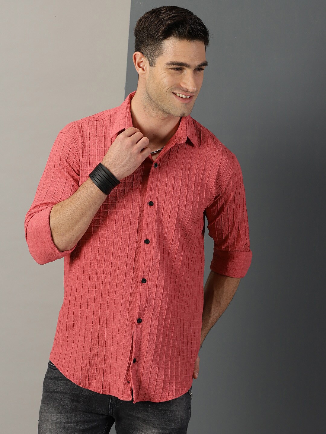 

Rodzen Classic Textured Casual Cotton Shirt, Coral