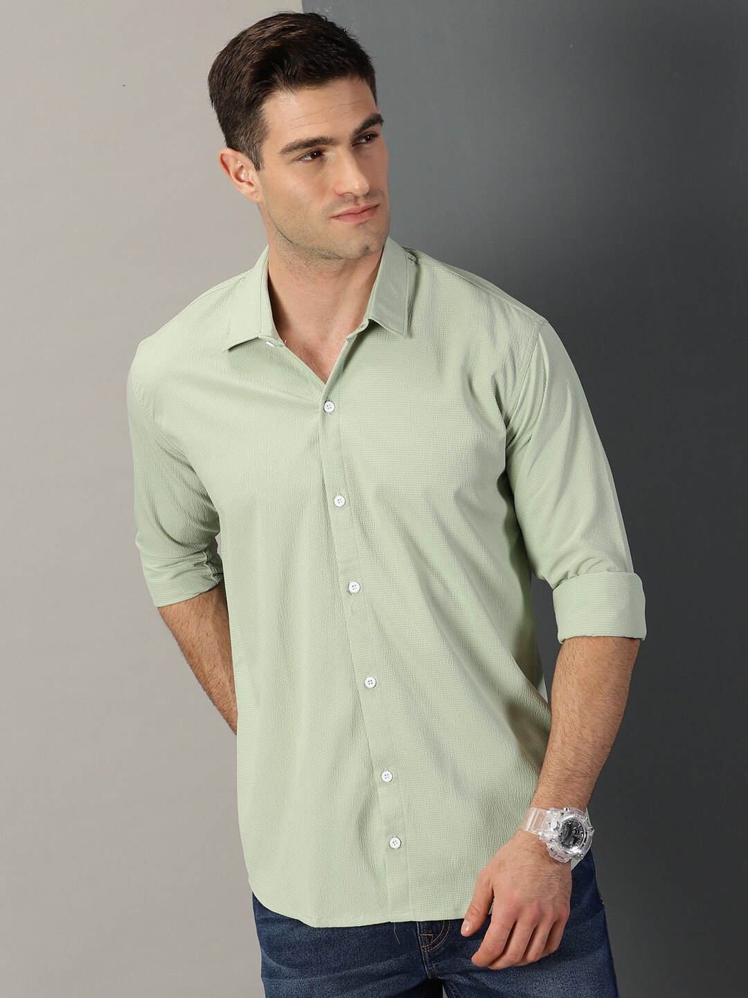 

Rodzen Classic Self Design Cotton Casual Shirt, Lime green