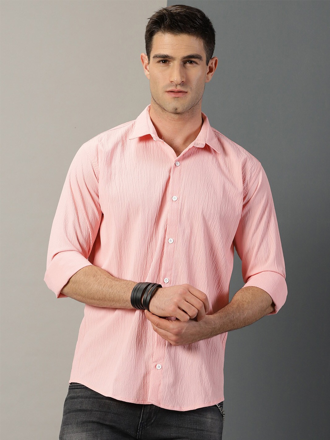 

Rodzen Classic Self Design Cotton Casual Shirt, Pink