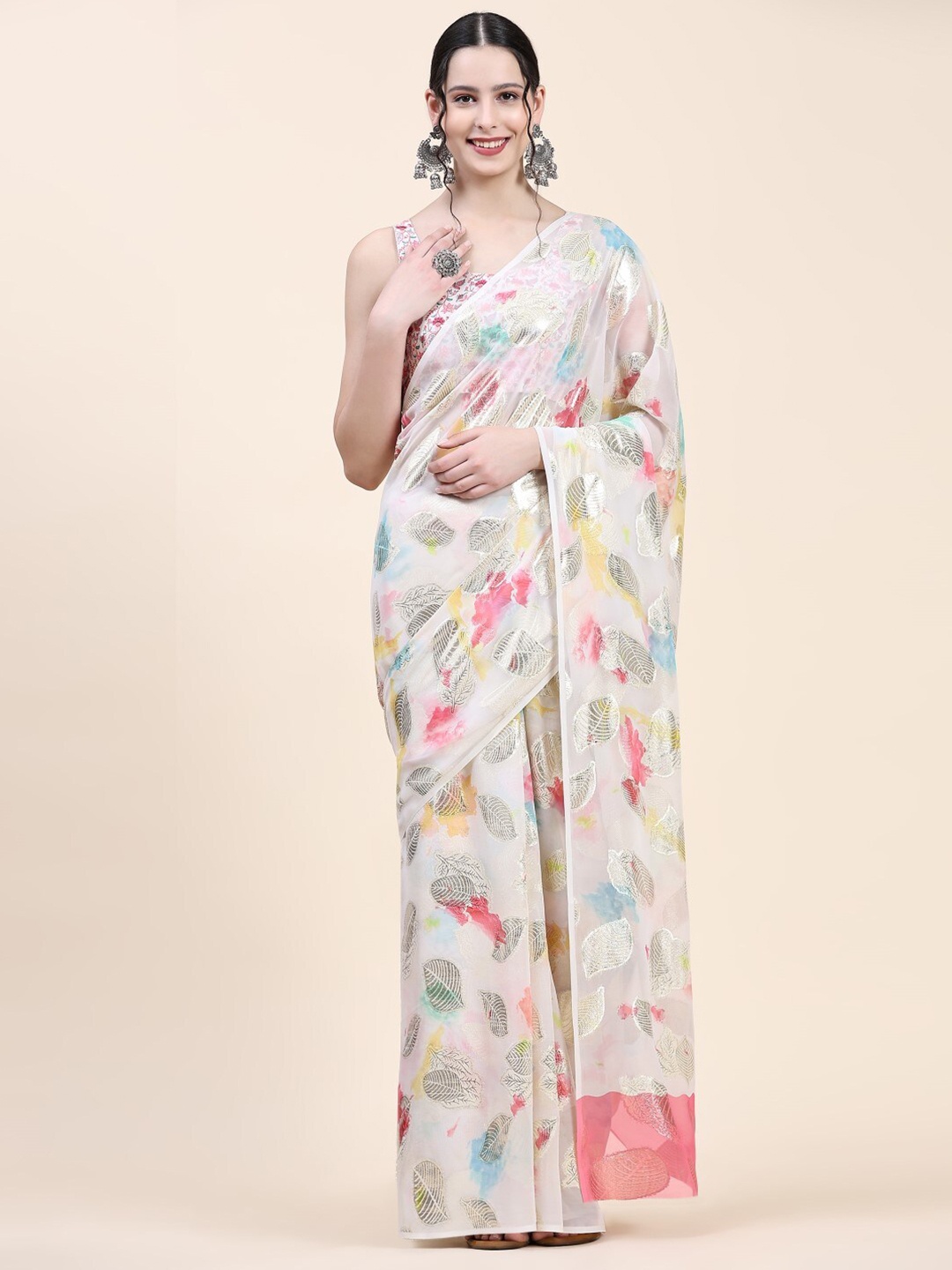 PRATIBIMB Floral Printed Pure Georgette Saree, White