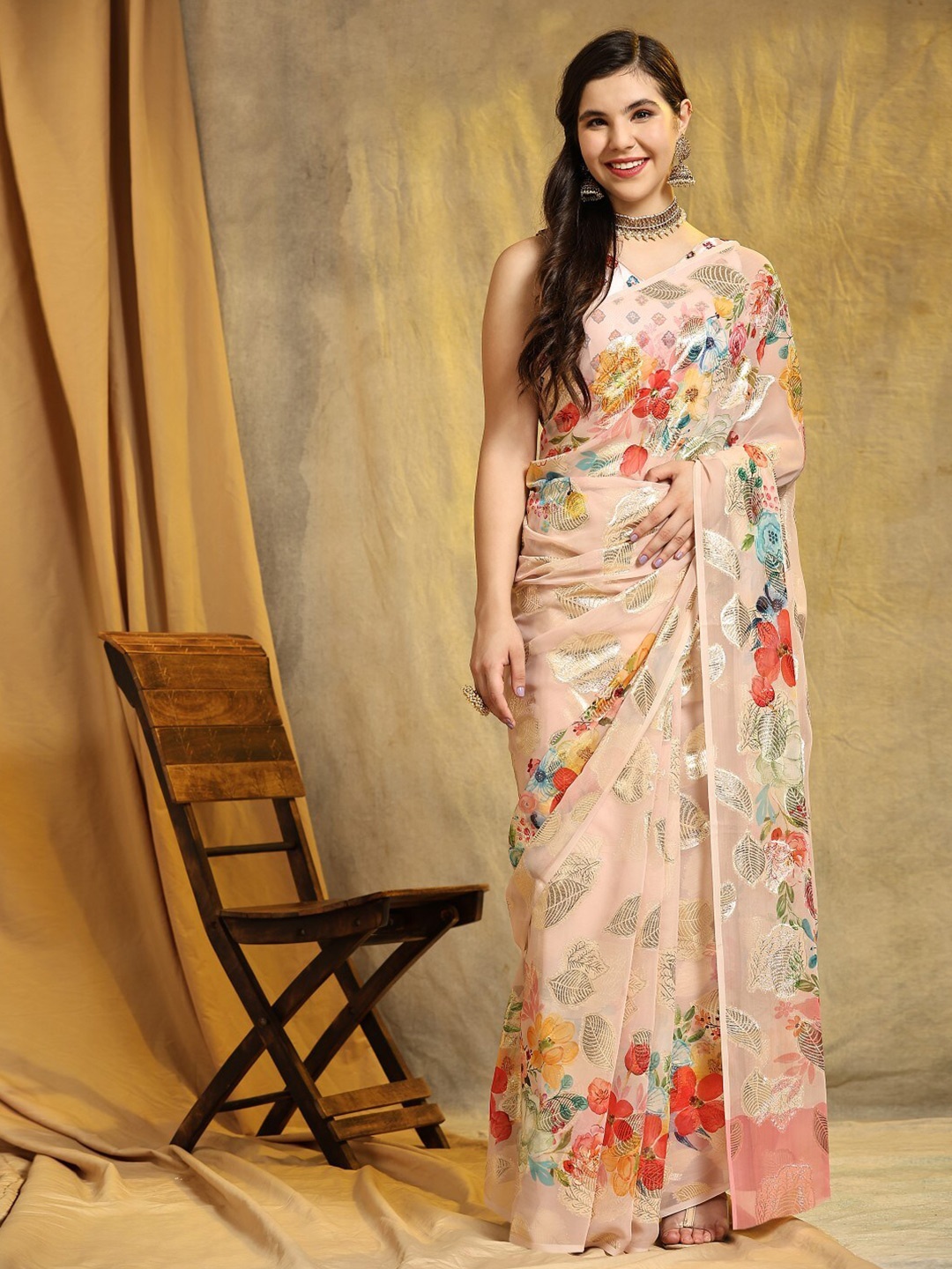 

PRATIBIMB Floral Block Print Pure Georgette Saree, Beige