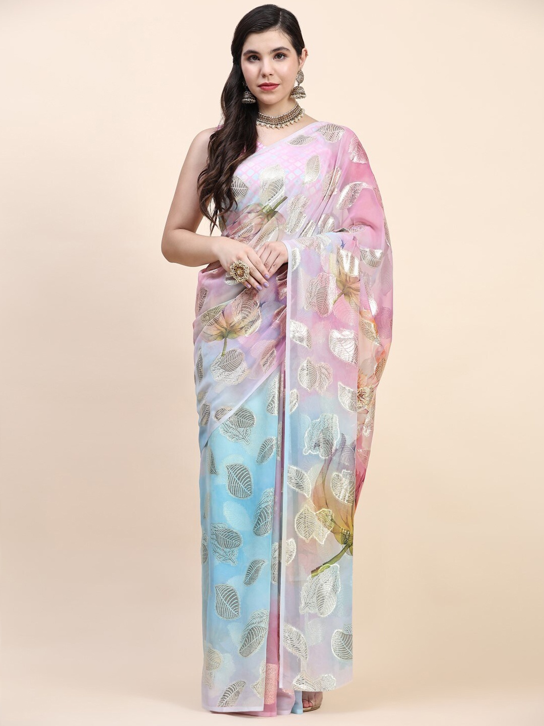 

PRATIBIMB Pure Georgette Floral Block Print Saree, Pink