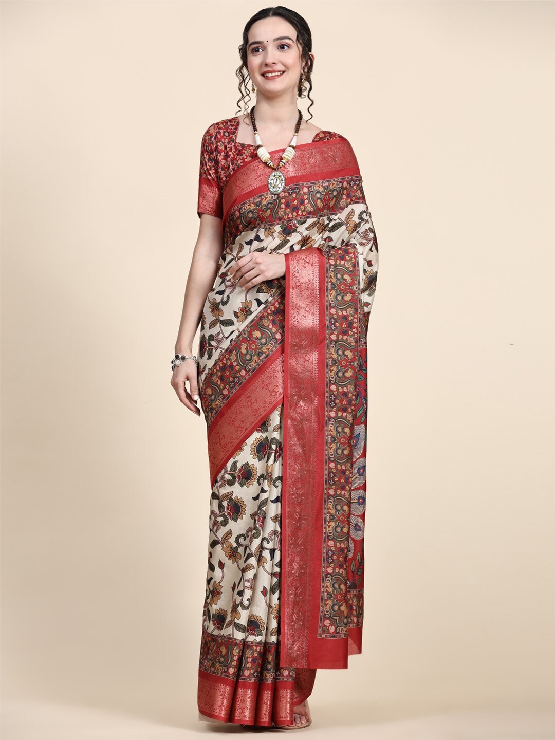 

PRATIBIMB Floral Printed Zari Pure Silk Block Print Saree, Beige