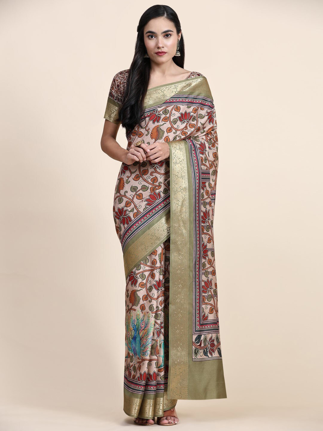 

PRATIBIMB Floral Printed Zari Pure Silk Block Print Saree, Green