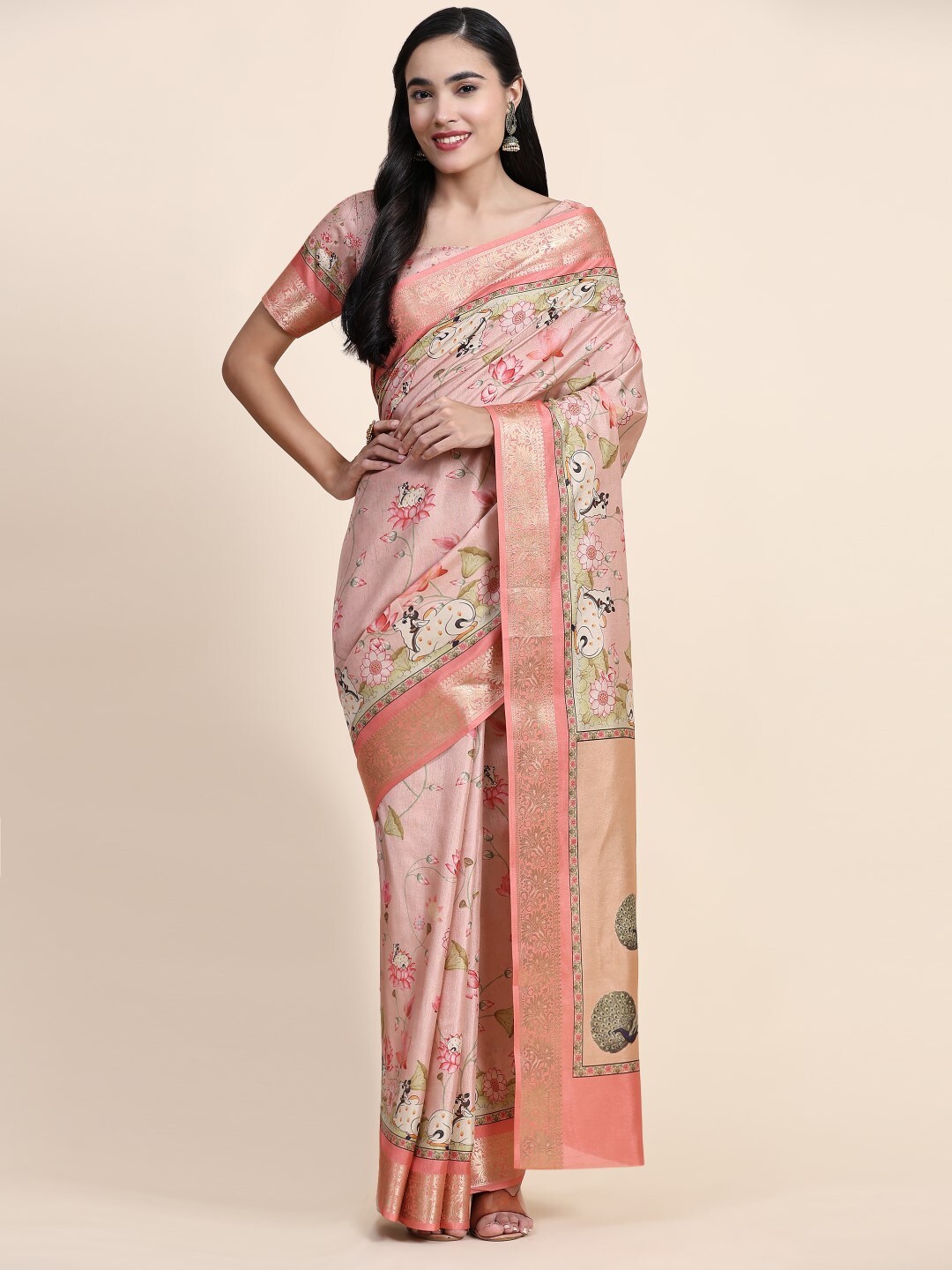 

PRATIBIMB Floral Printed Pure Silk Block Print Saree, Peach