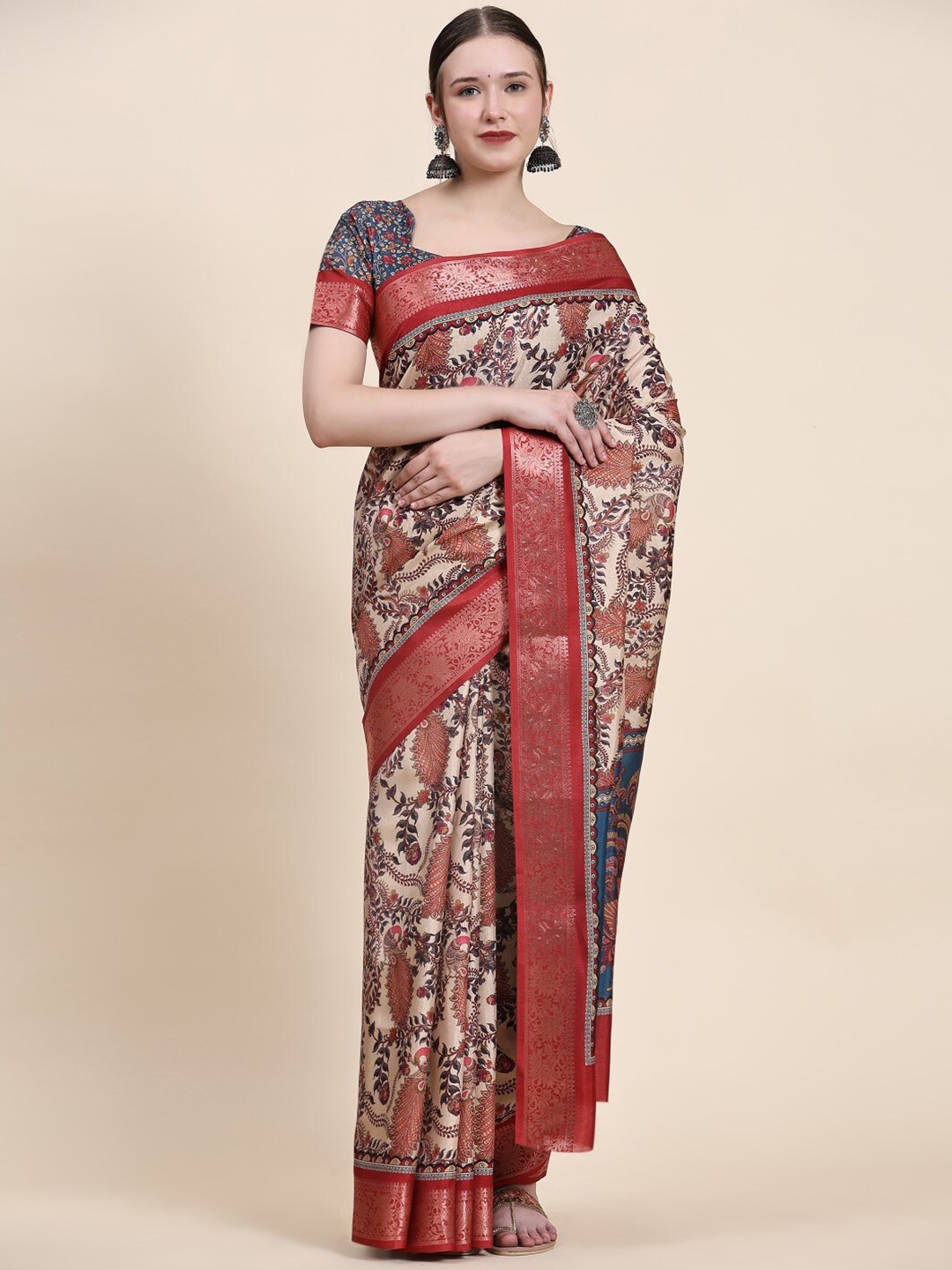 

PRATIBIMB Floral Printed Zari Pure Silk Block Print Saree, Beige
