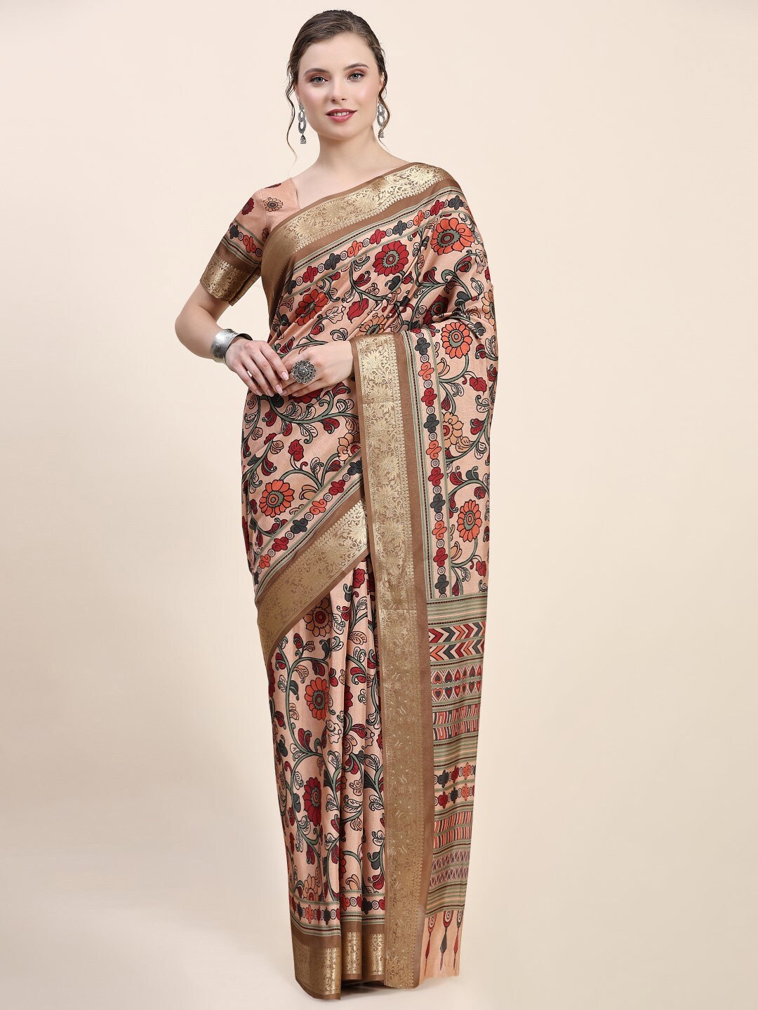 

PRATIBIMB Floral Printed Zari Pure Silk Saree, Beige