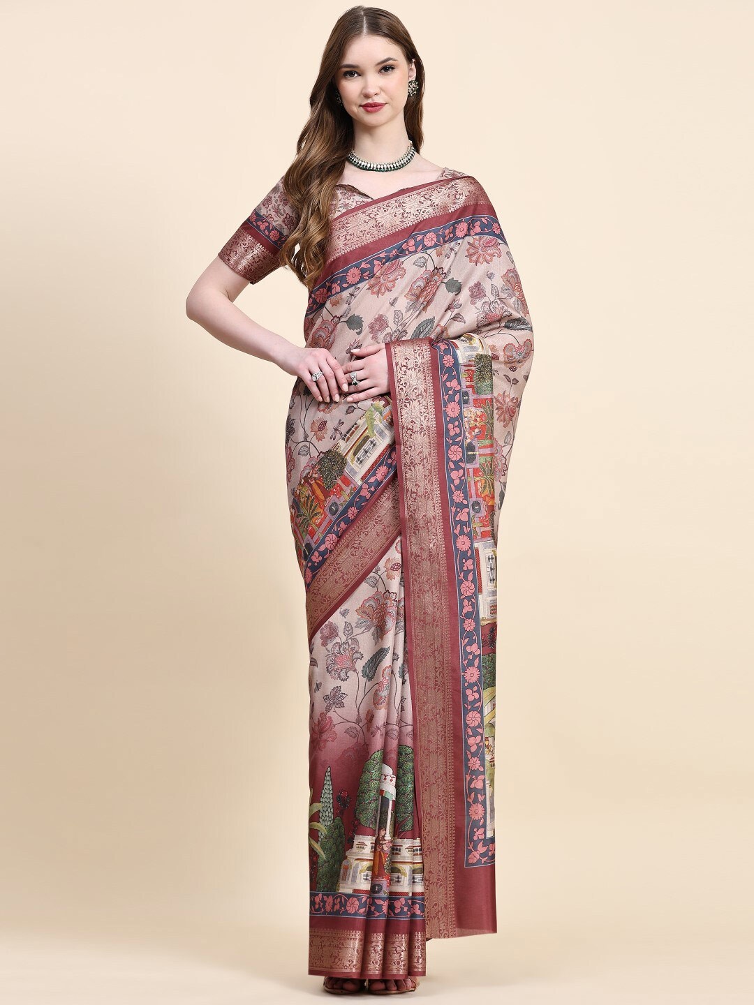 

PRATIBIMB Floral Printed Zari Detailed Pure Silk Saree, Brown