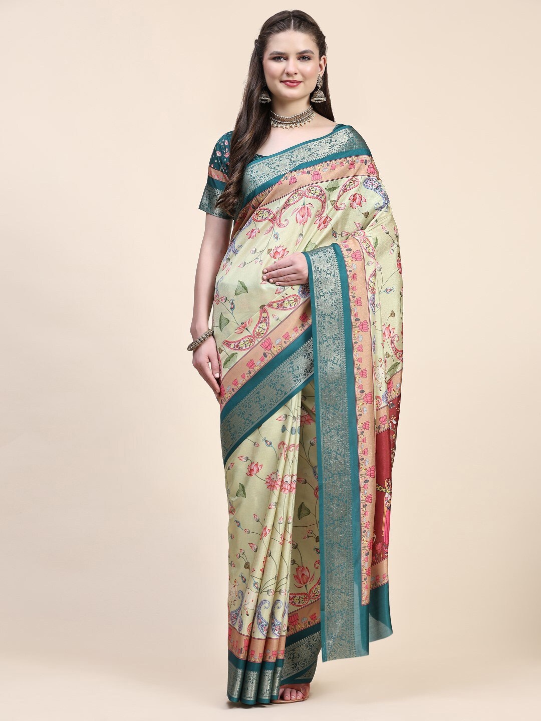 

PRATIBIMB Floral Printed Zari Pure Silk Saree, Green