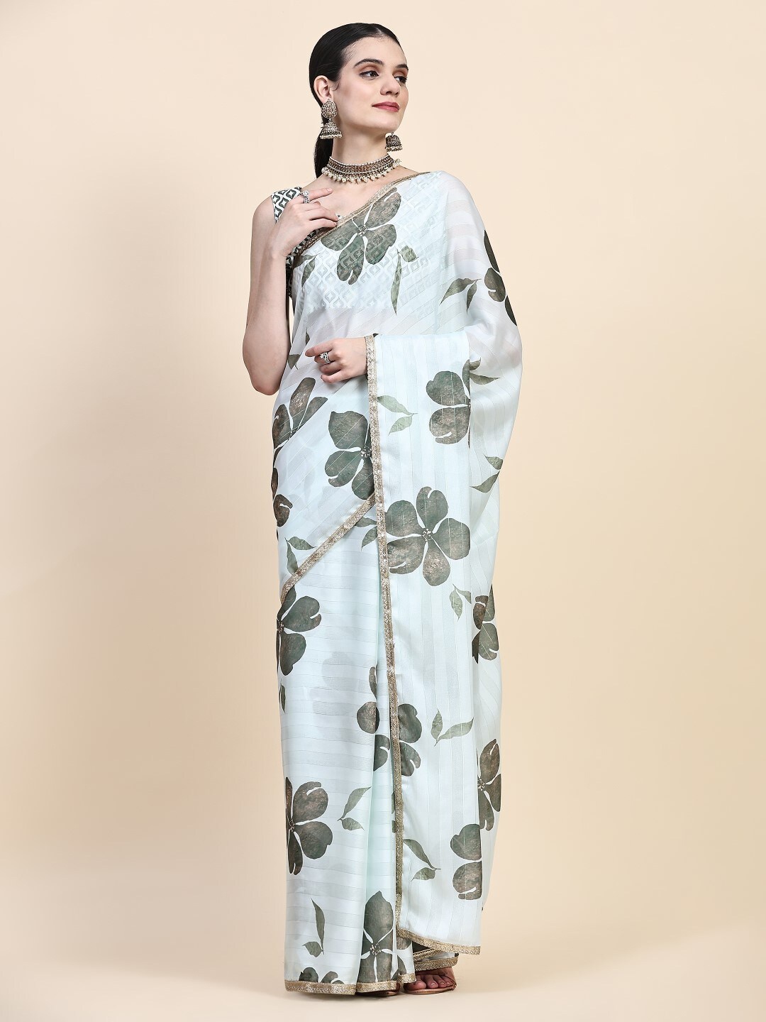 

PRATIBIMB Floral Printed Block Print Saree, Green