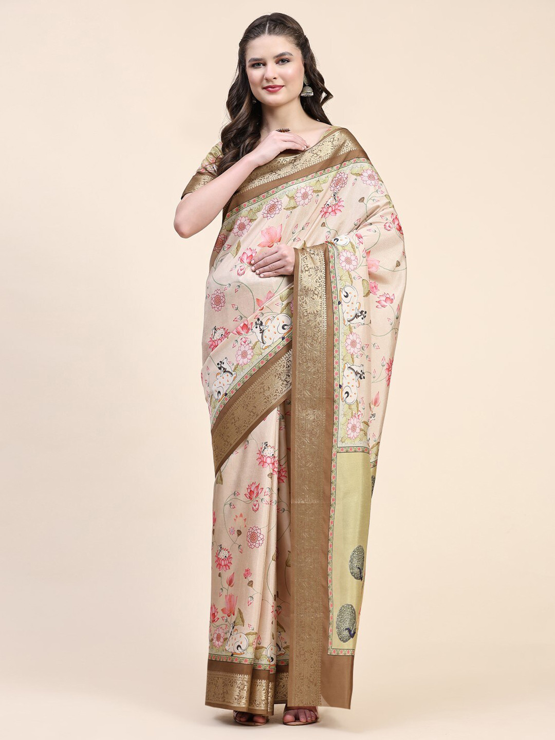 

PRATIBIMB Pure Silk Floral Block Print Saree, Beige