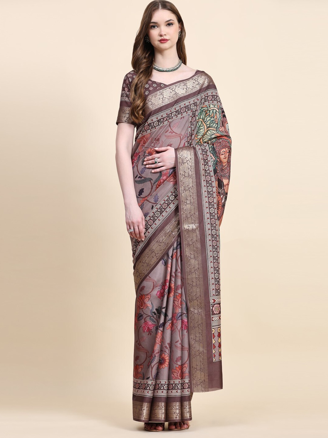 

PRATIBIMB Kalamkari Printed Zari Pure Silk Block Print Saree, Grey