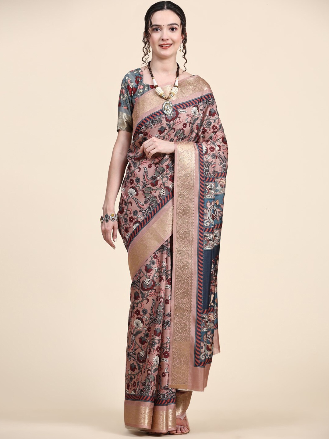 

PRATIBIMB Floral Printed Zari Pure Silk Saree, Pink