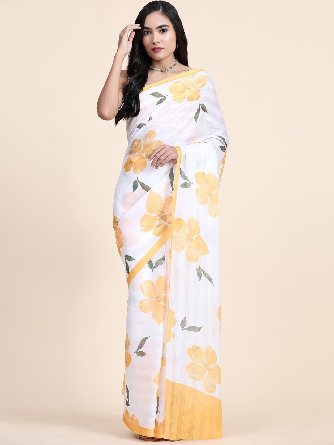 

PRATIBIMB Floral Printed Pure Georgette Block Print Saree, Yellow