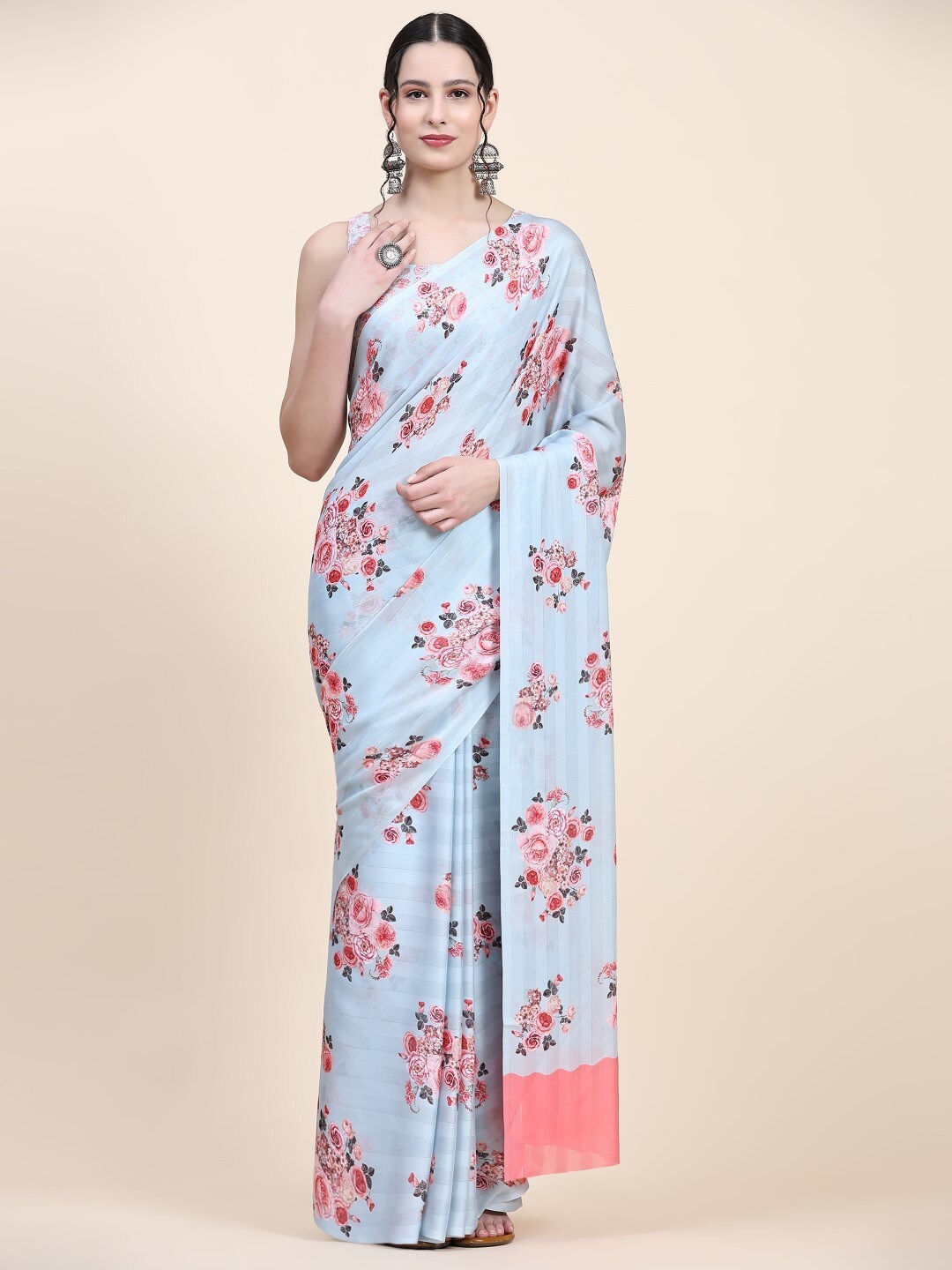 

PRATIBIMB Pure Georgette Floral Block Print Saree, Blue