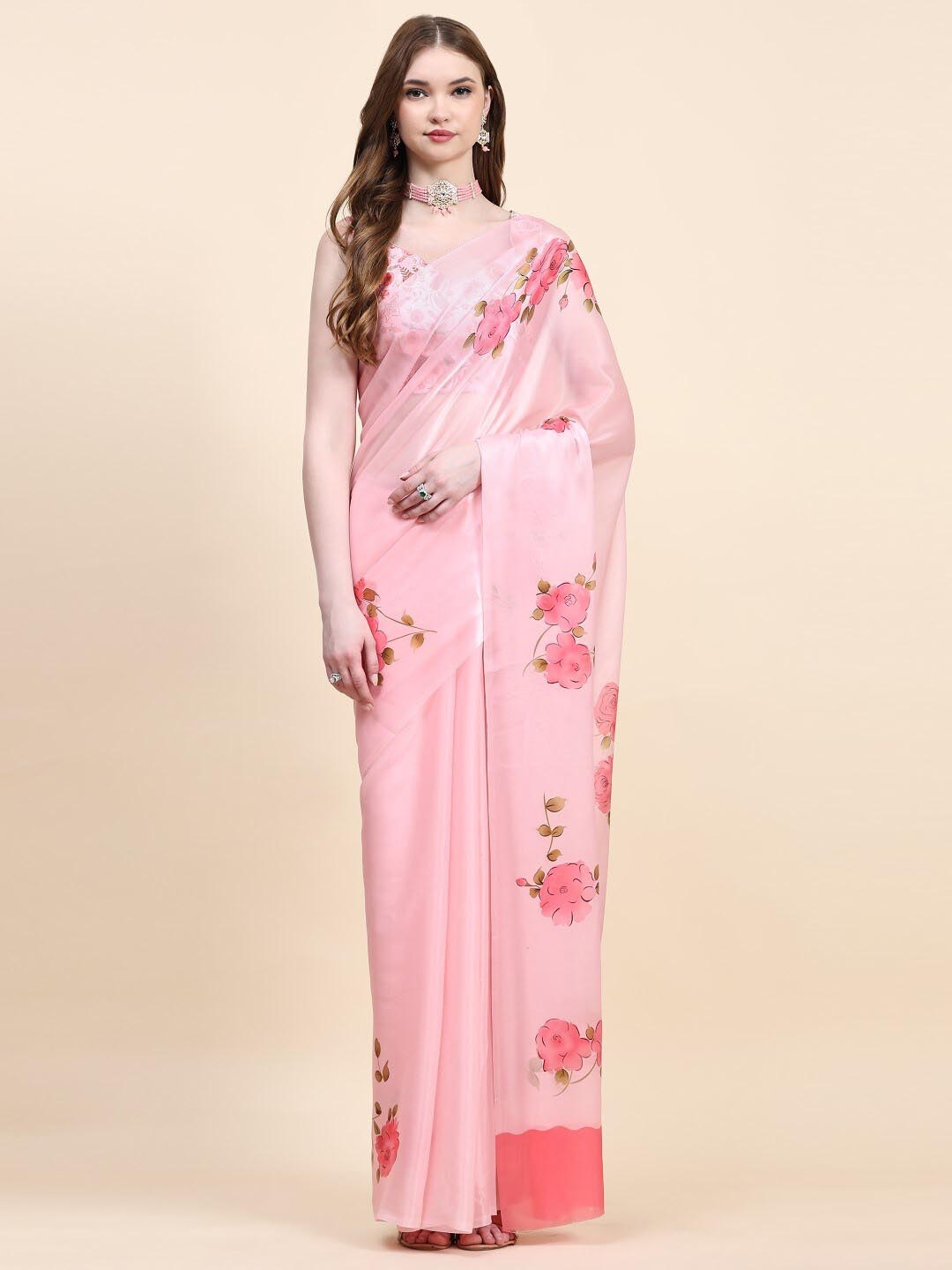 

PRATIBIMB Floral Printed Organza Block Print Saree, Peach