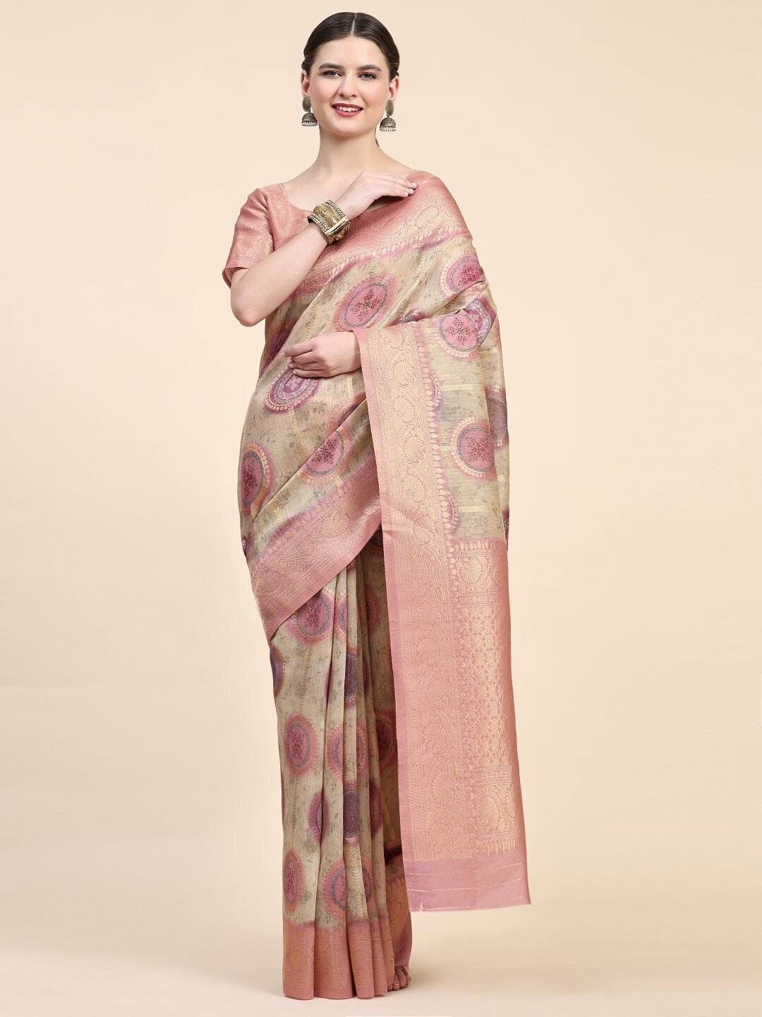 

PRATIBIMB Ethnic Motifs Woven Design Zari Pure Cotton Block Print Saree, Beige