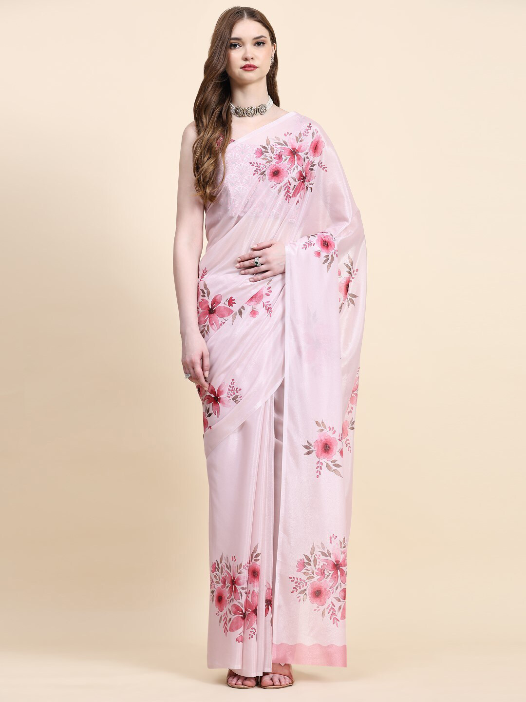 

PRATIBIMB Floral Printed Pure Crepe Saree, Pink