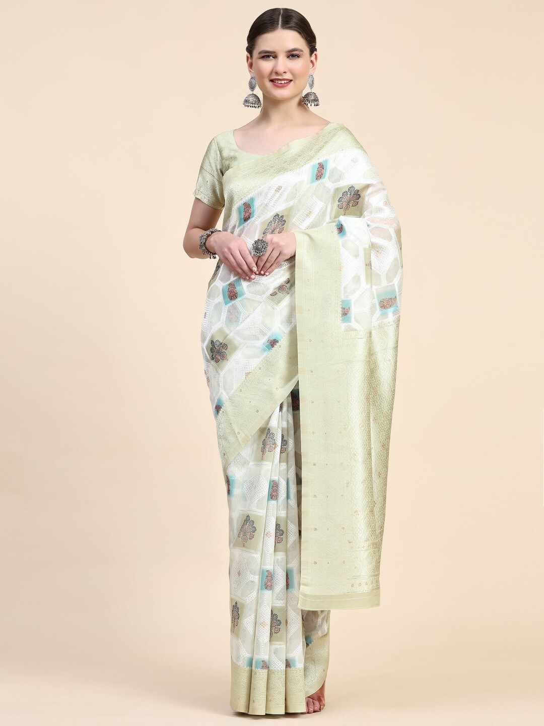 

PRATIBIMB Ethnic Motifs Printed Zari Pure Cotton Block Print Saree, Green