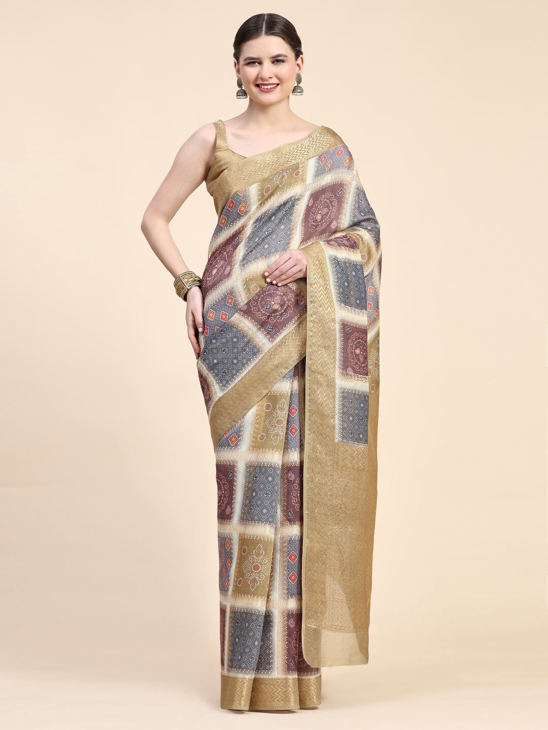 

PRATIBIMB Geometric Printed Zari Detailed Pure Cotton Saree, Olive