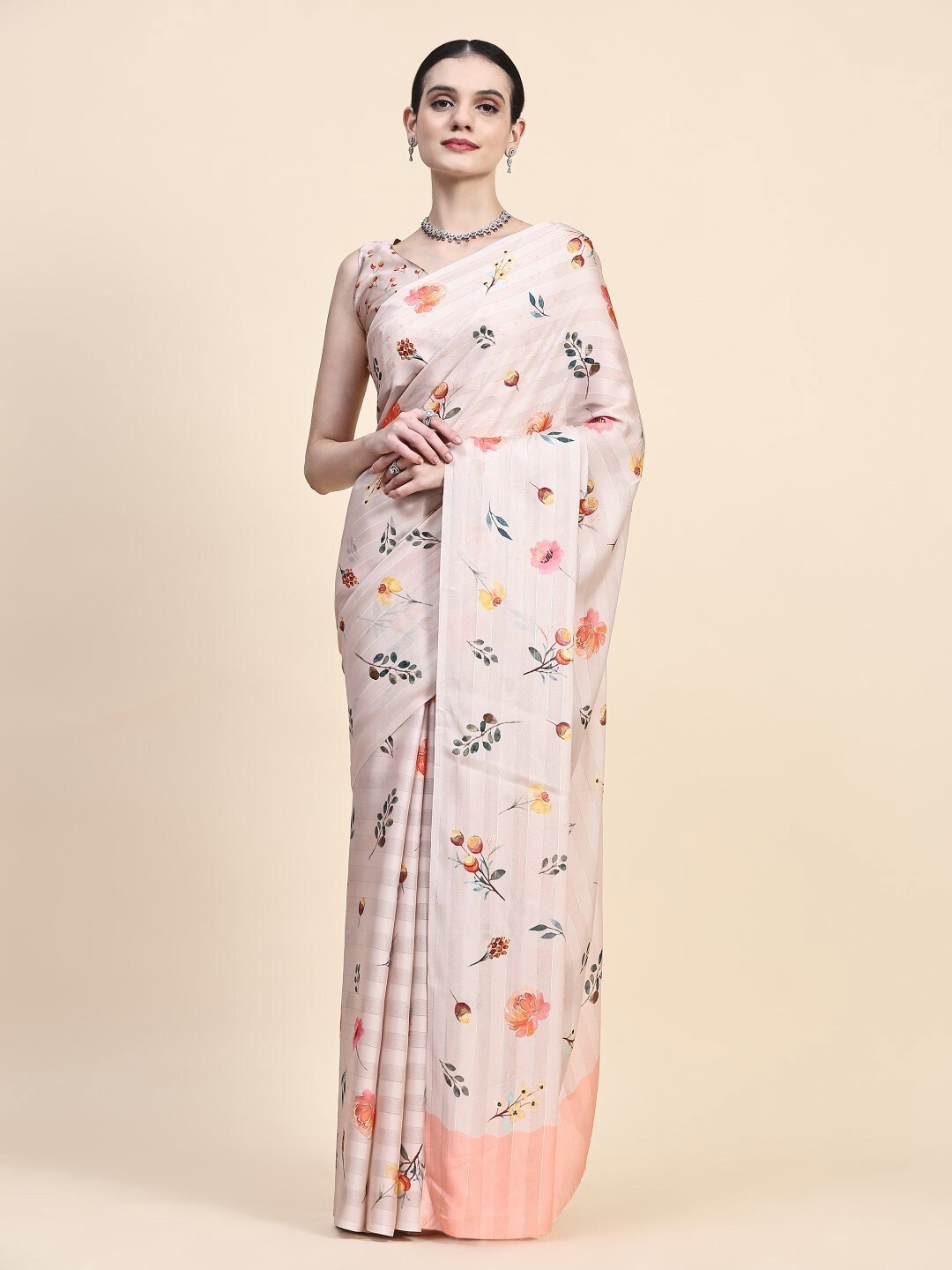 

PRATIBIMB Floral Printed Pure Georgette Saree, Beige