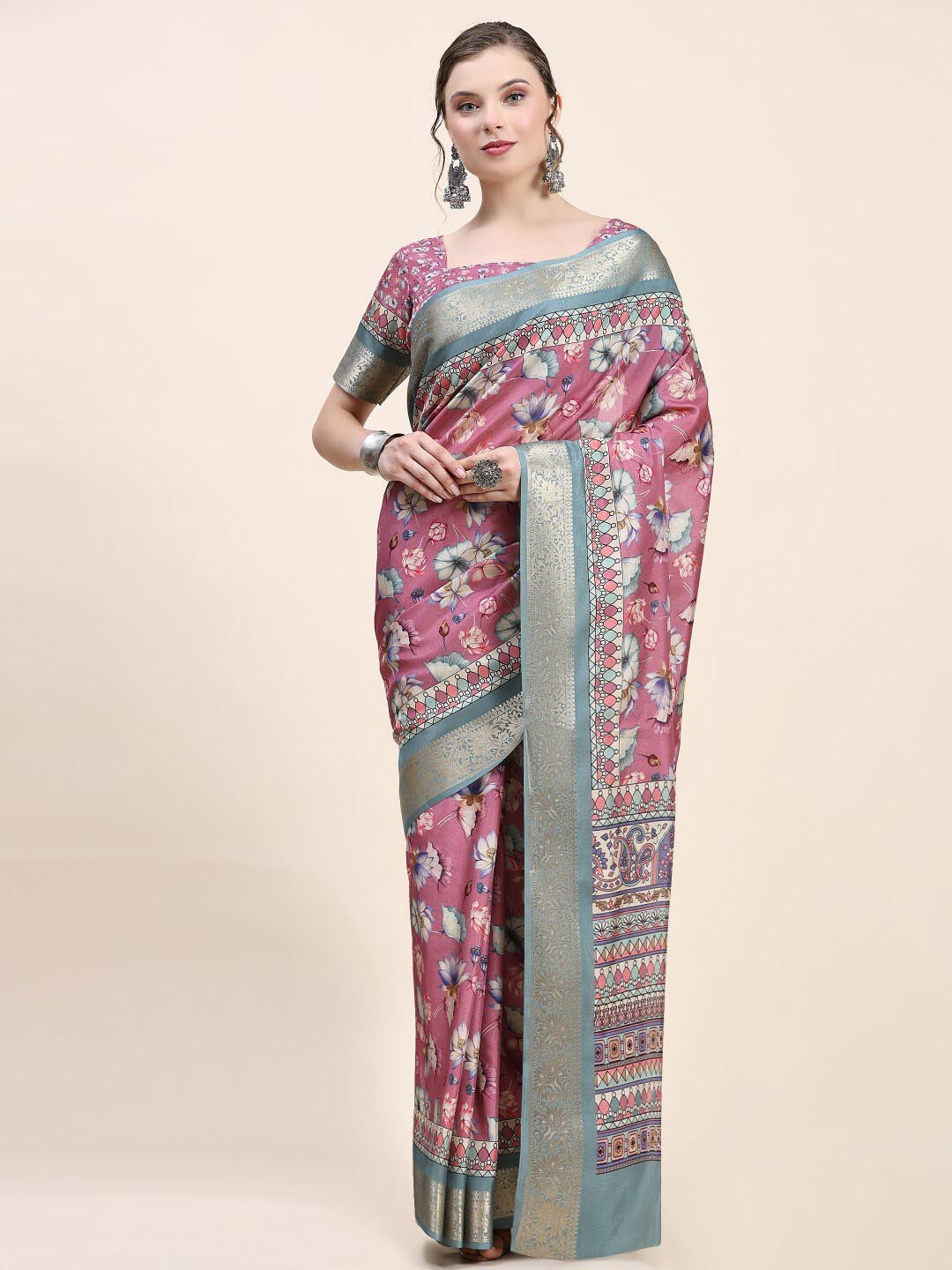 

PRATIBIMB Pure Silk Floral Block Print Saree, Grey