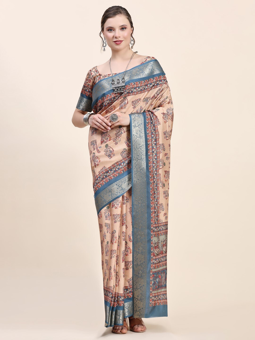 

PRATIBIMB Ethnic Motifs Printed Zari Pure Silk Saree, Beige