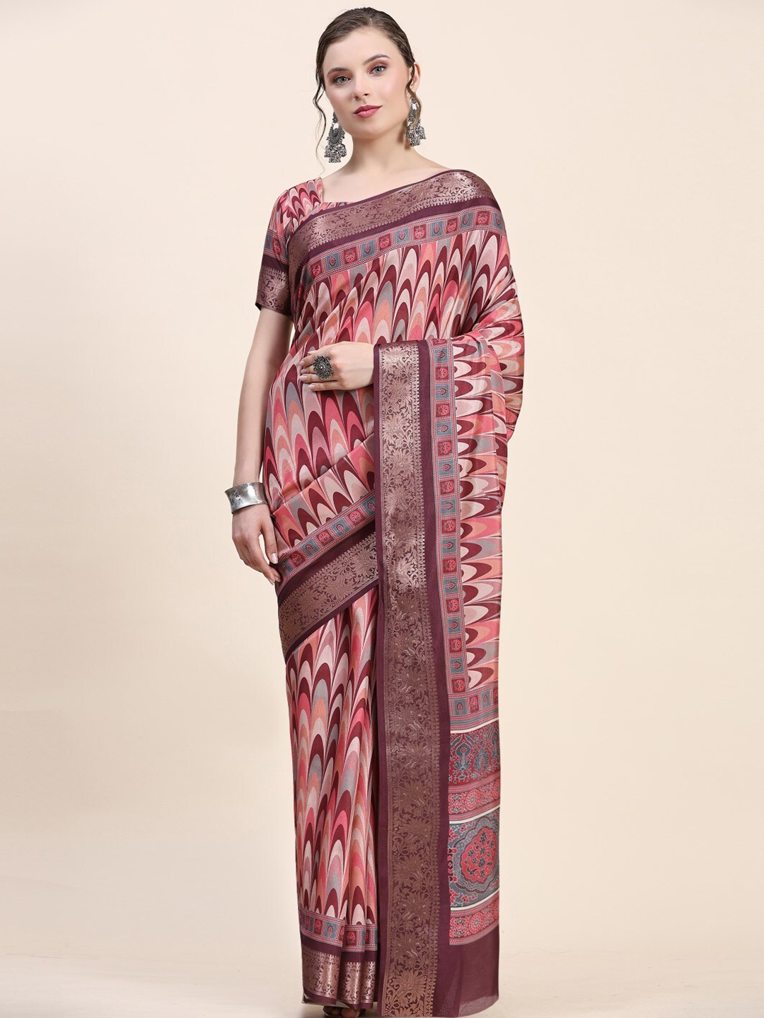 

PRATIBIMB Abstract Printed Pure Silk Block Print Saree, Maroon