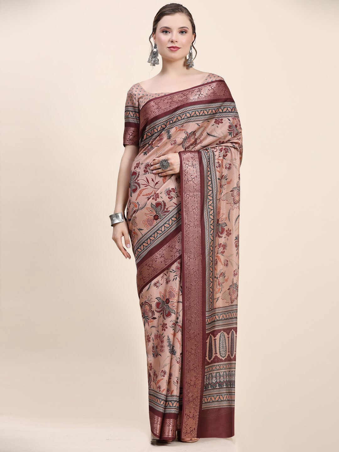 

PRATIBIMB Floral Printed Pure Silk Block Print Saree, Beige