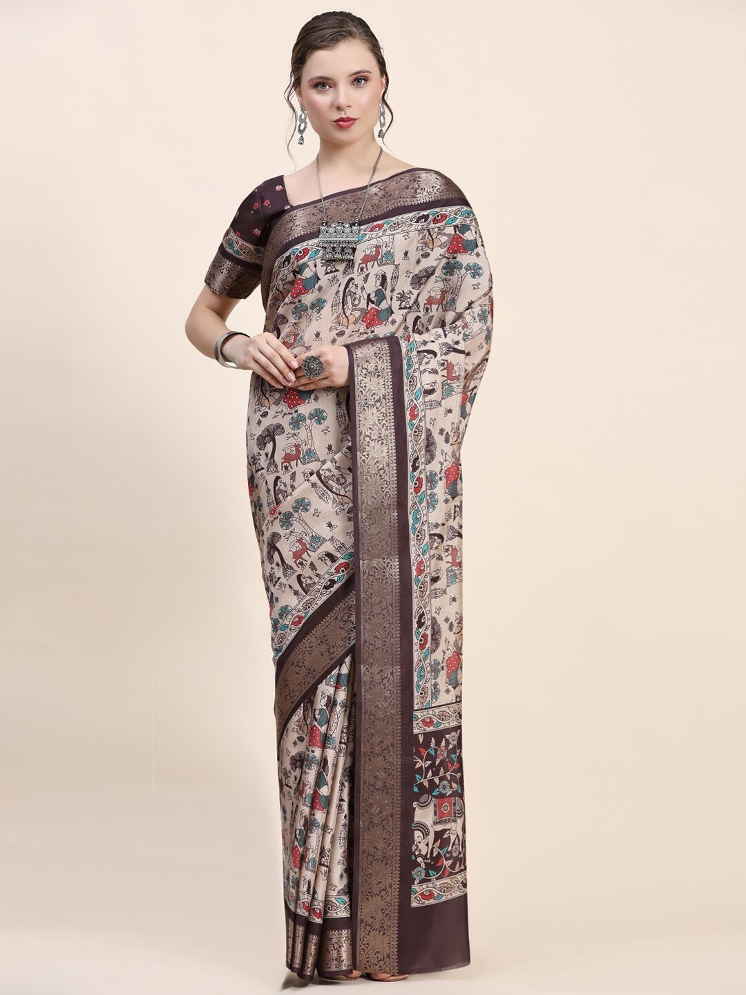 

PRATIBIMB Ethnic Motifs Block Print Pure Silk Saree, Grey