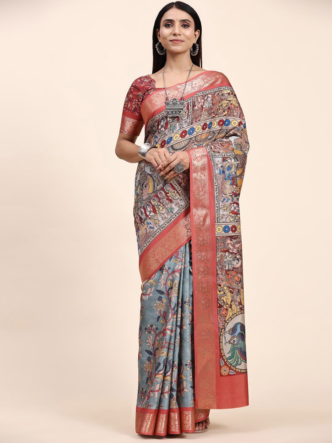 

PRATIBIMB Ethnic Motifs Printed Zari Pure Silk Block Print Saree, Blue
