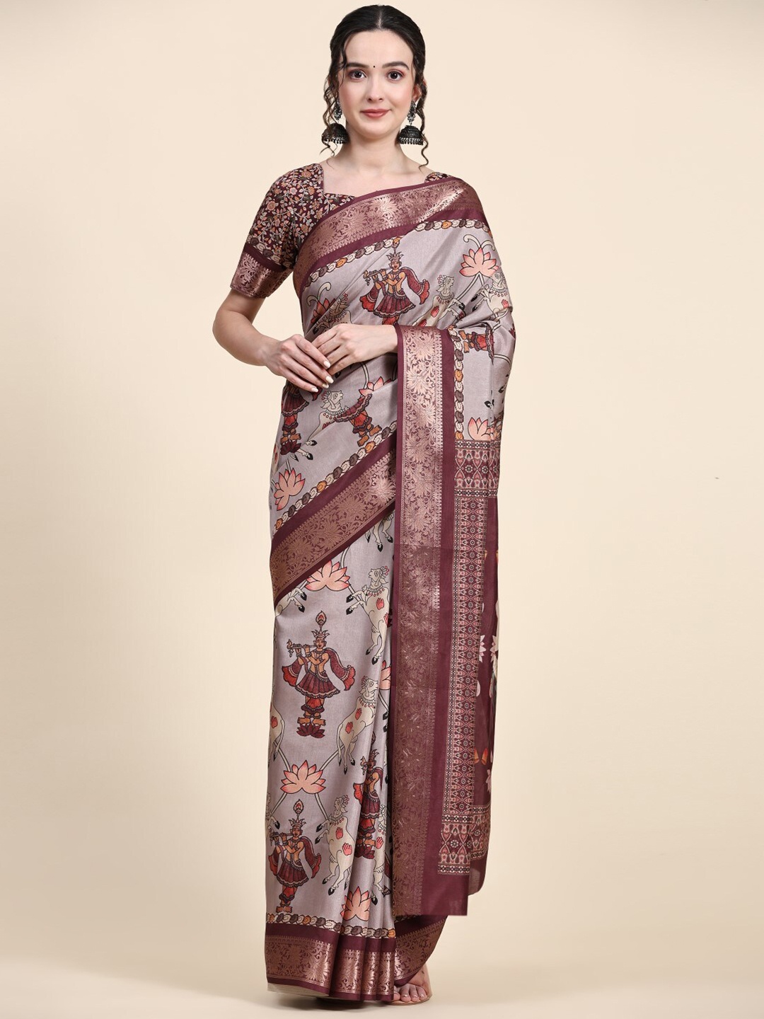 

PRATIBIMB Ethnic Motifs Printed Zari Pure Silk Saree, Grey