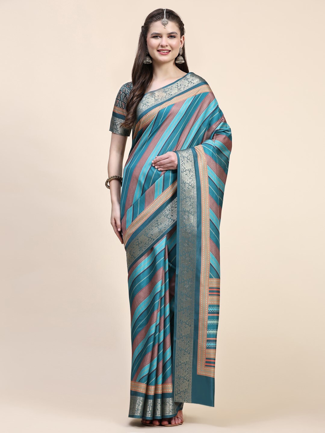 

PRATIBIMB Striped Zari Detailed Pure Silk Saree, Blue
