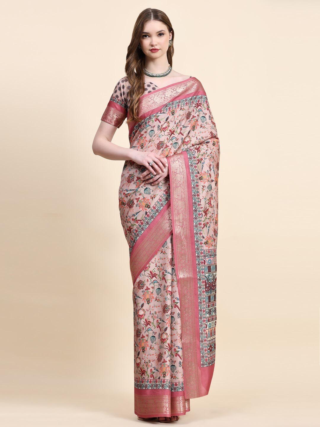

PRATIBIMB Floral Printed Zari Pure Silk Saree, Beige