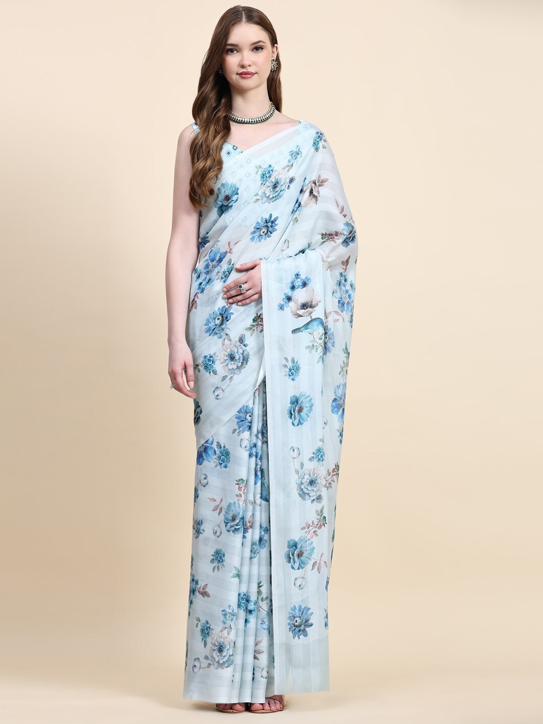 

PRATIBIMB Floral Printed Pure Georgette Block Print Saree, Blue