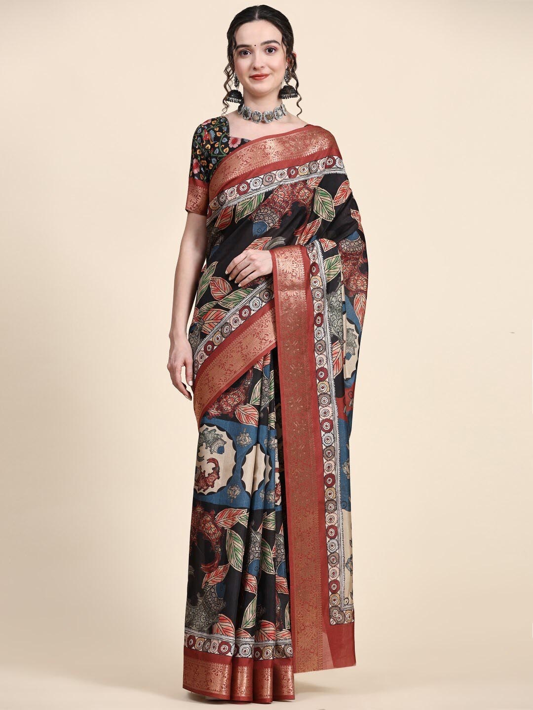 

PRATIBIMB Kalamkari Printed Zari Pure Silk Block Print Saree, Black