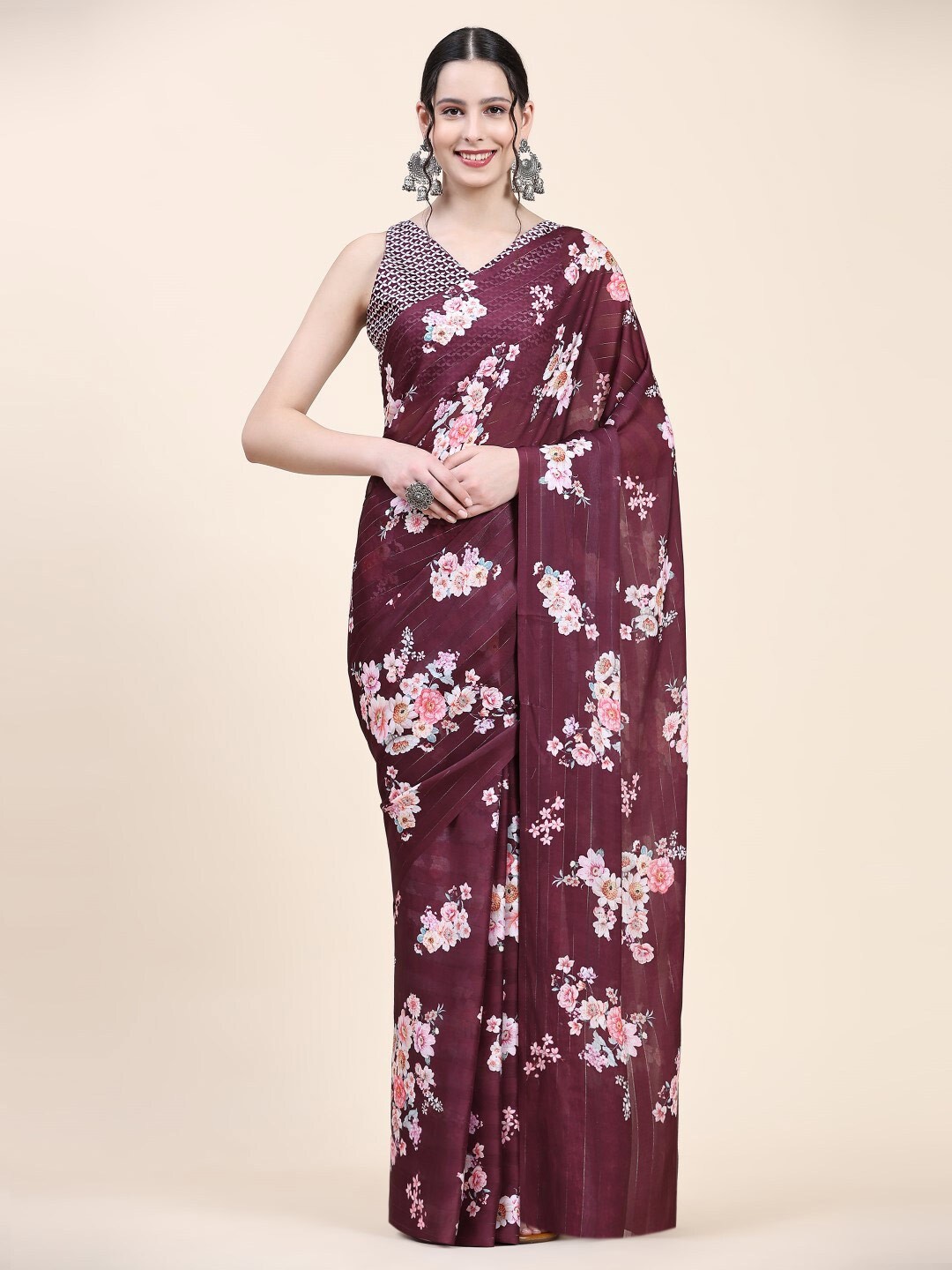 

PRATIBIMB Pure Georgette Floral Block Print Saree, Maroon