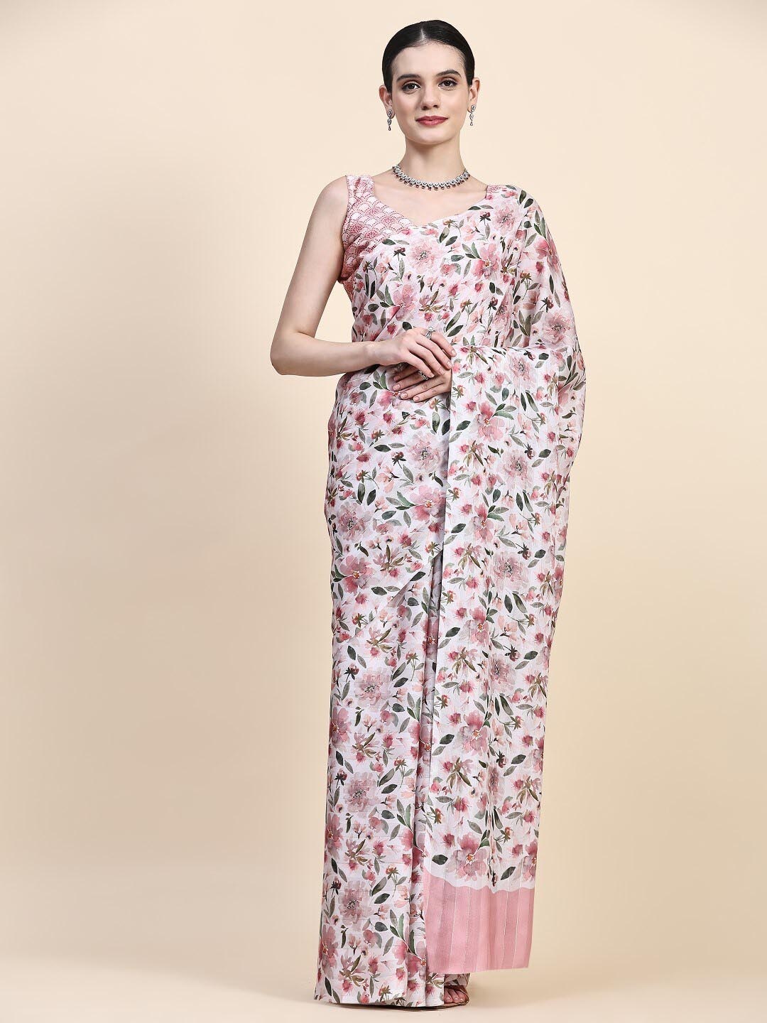 

PRATIBIMB Floral Printed Pure Georgette Saree, Pink